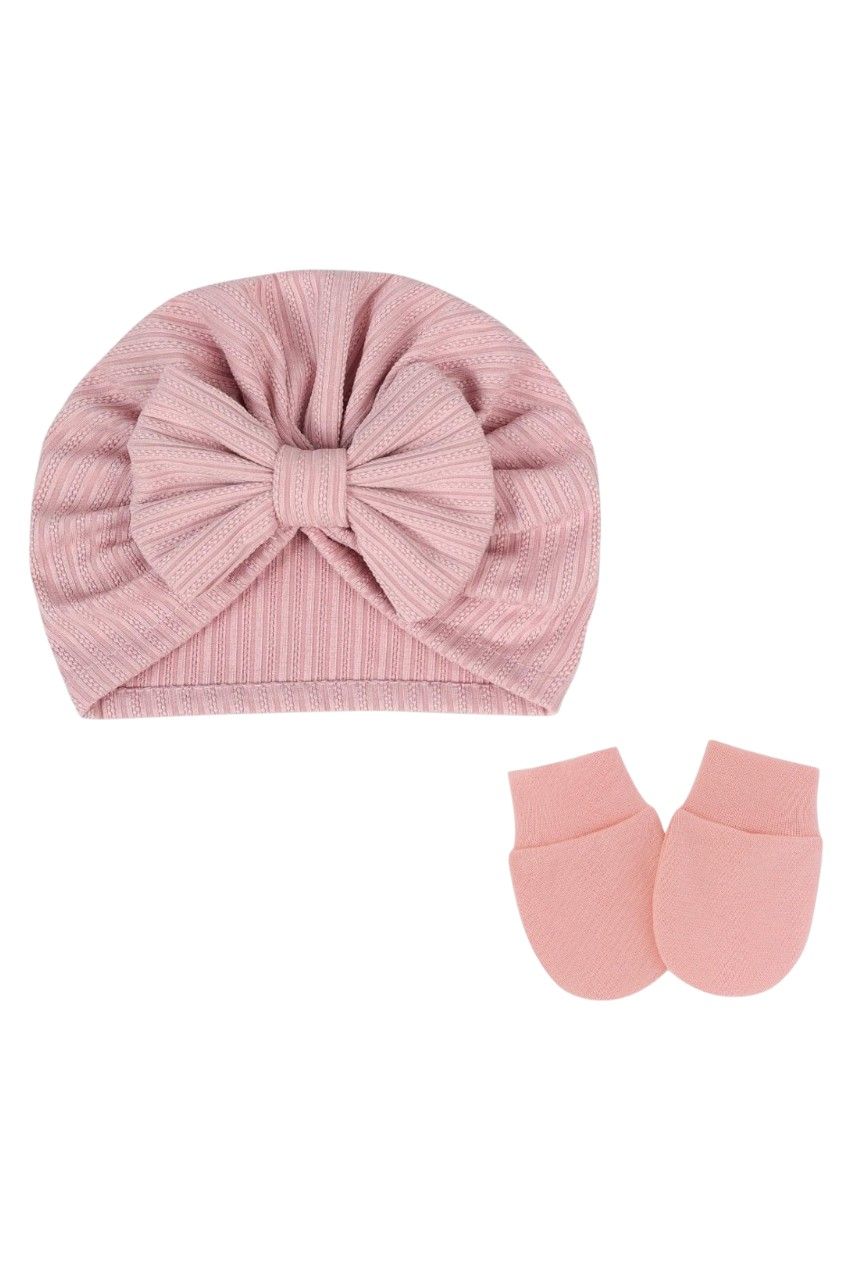 بامبيميسي - طقم قطعتين - قبعة توربان وقفازات بتفاصيل فيونكة للمواليد - وردي غامق