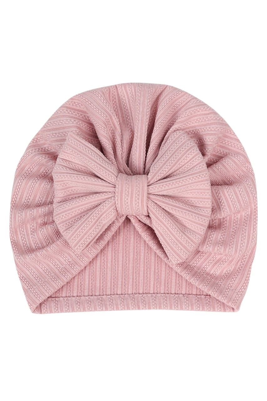 بامبيميسي - طقم قطعتين - قبعة توربان وقفازات بتفاصيل فيونكة للمواليد - وردي غامق