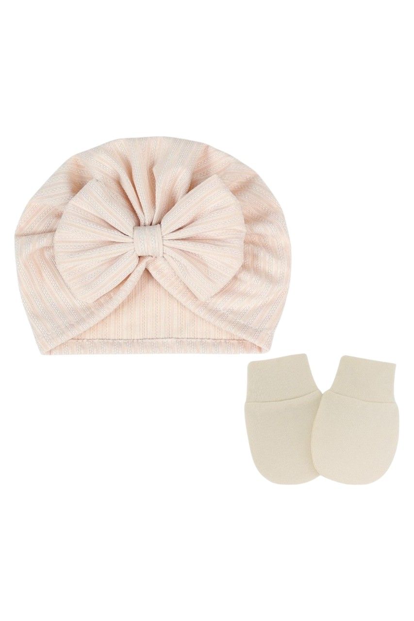 Bambimici - 2pc-Set - Baby Bow Detail Turban Hat & Mittens - Cream