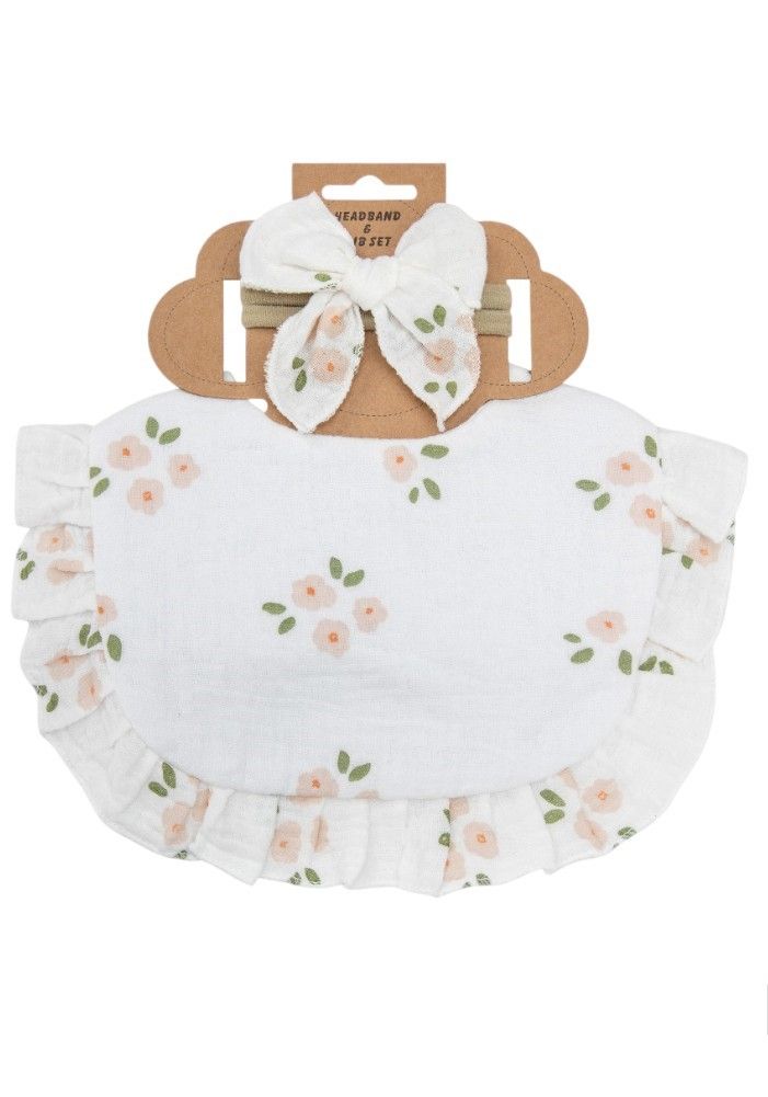 Bambimici - 2pc-Set - Bella Flower Print Headband & Baby Bib - White