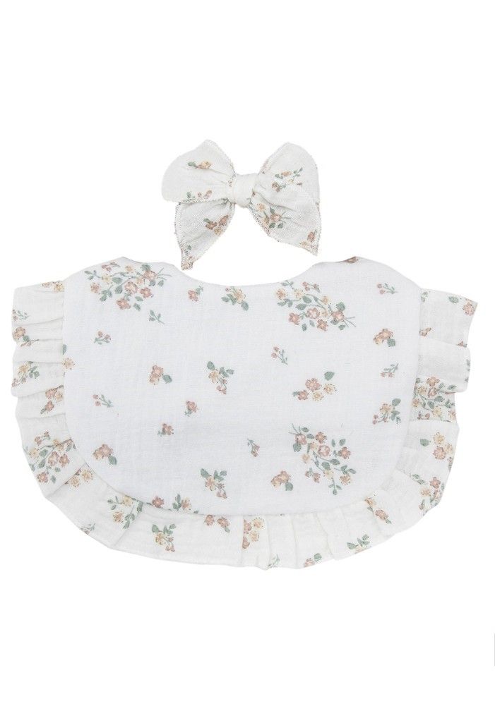 بامبيميسي - طقم قطعتين - بندانة بيلا موردة ومريلة للأطفال - أبيض