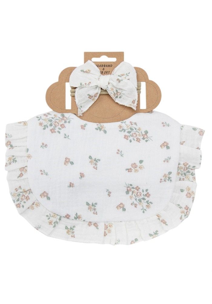 بامبيميسي - طقم قطعتين - بندانة بيلا موردة ومريلة للأطفال - أبيض