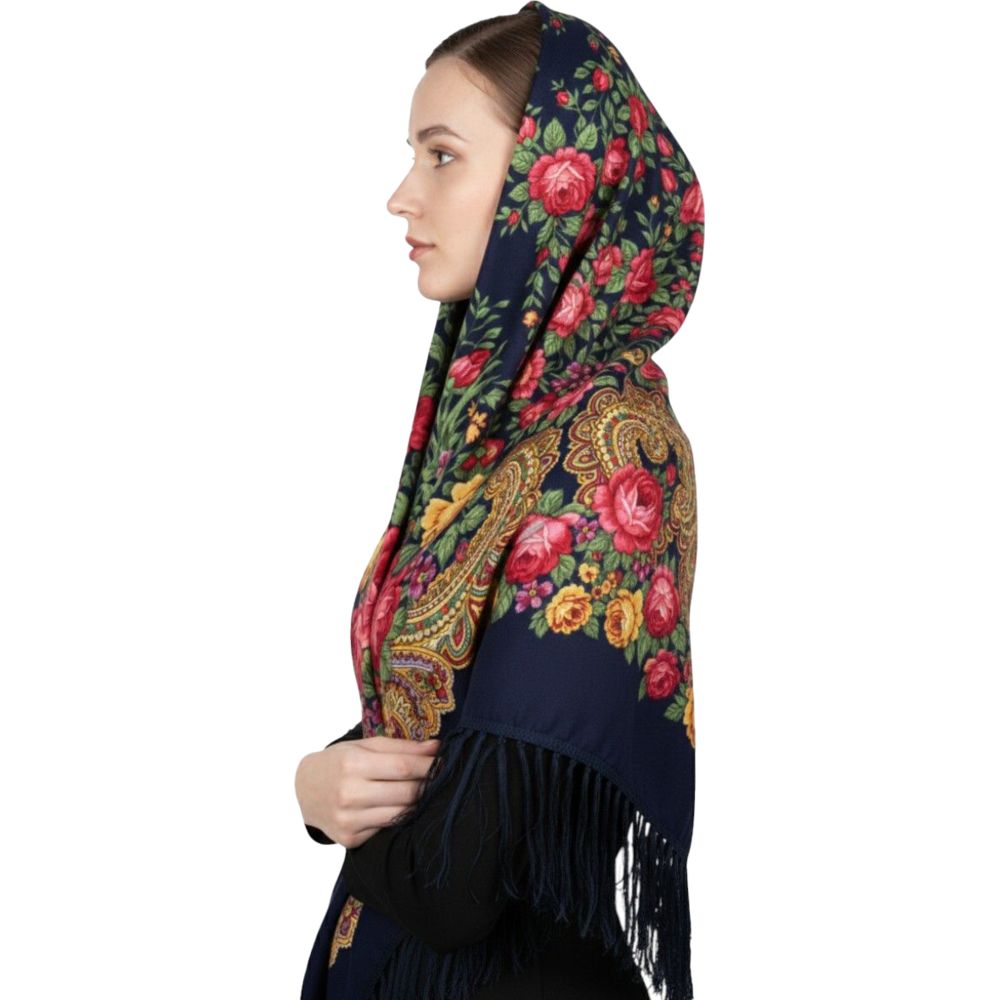 دي’دانييلا - شال نسائي تقليدي بتفاصيل شراشيب ساشا - أزرق داكن