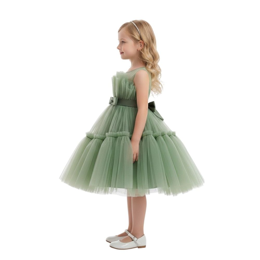 بيداني - فستان ايليغانس برقبة دائرية للبنات - زيتي