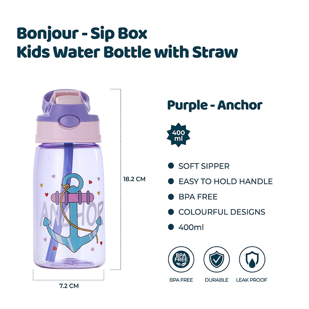 Bonjour - Sip Box Kids Water Bottle With Straw - Purple Anchor - 400 ml