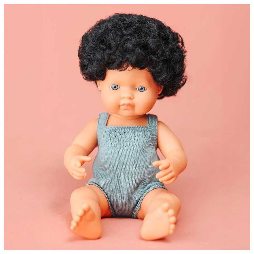 Miniland Educational - Caucasian Curly Black Hair Baby Doll - Grey Rompers - 38 cm