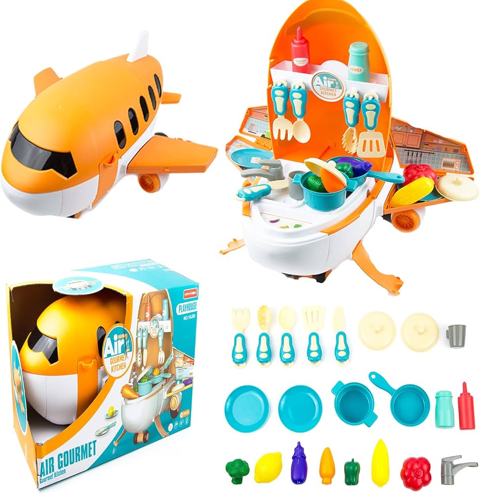 أمشام - مجموعة ألعاب مطبخ على شكل طائرة 2 في 1 للعب التظاهري