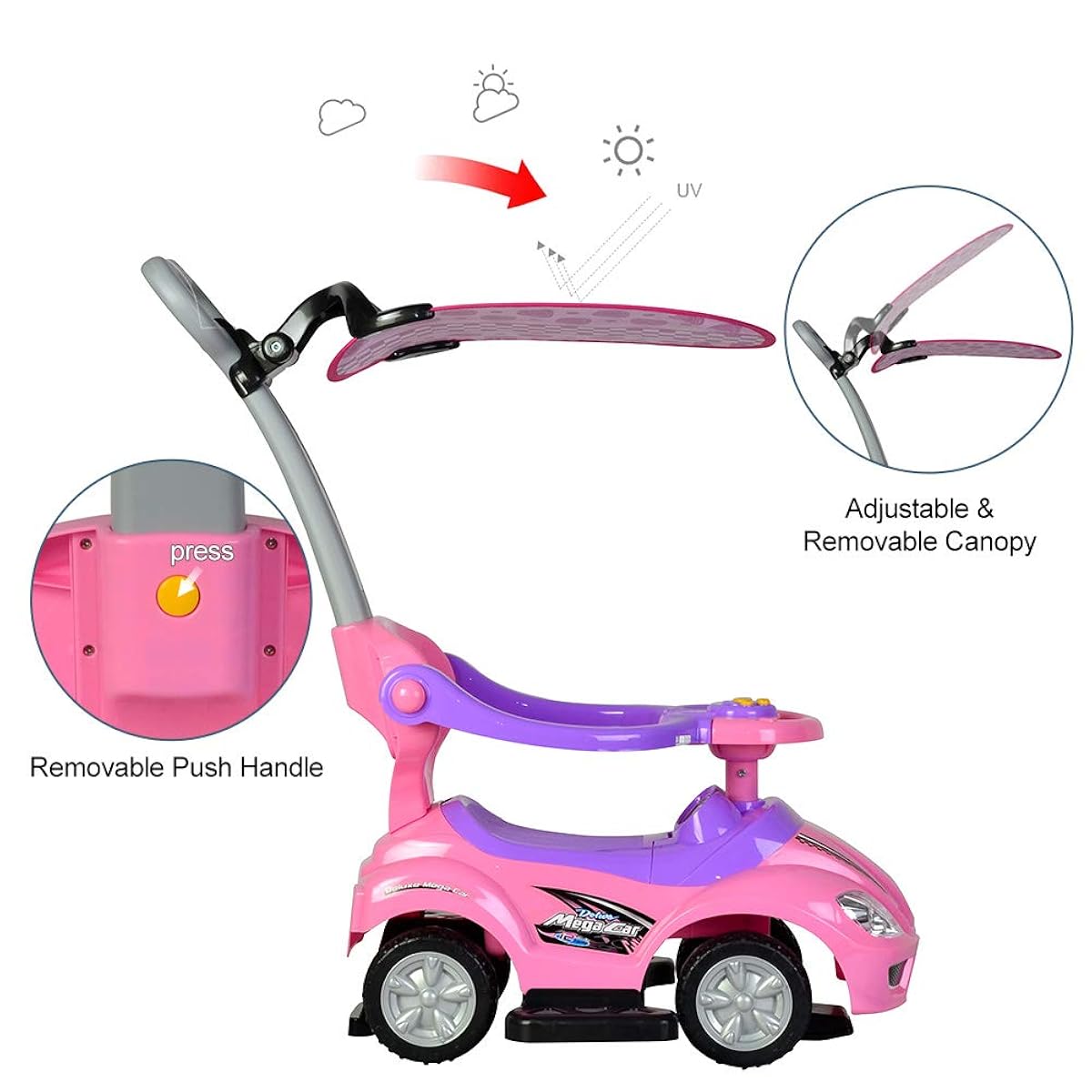 Amsham - 3-In-1 Ride On Push Car With Removable Canopy - Pink