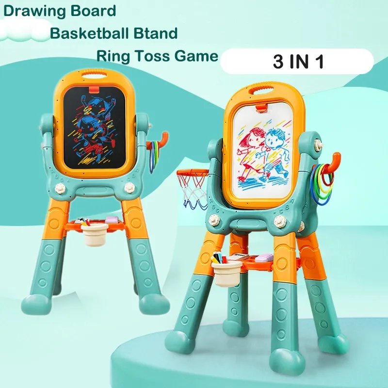 أمشام - سبورة بيضاء وسبورة طبشور مع حلقة كرة سلة 3 في 1