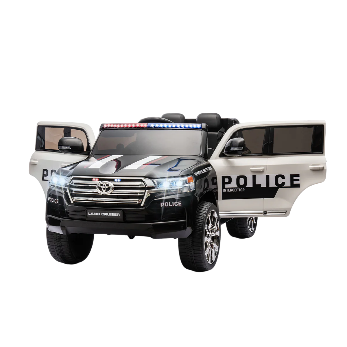 تويوتا - سيارة شرطة للأطفال لاند كروزر تعمل بالبطارية - 12 فولت - أبيض/أسود