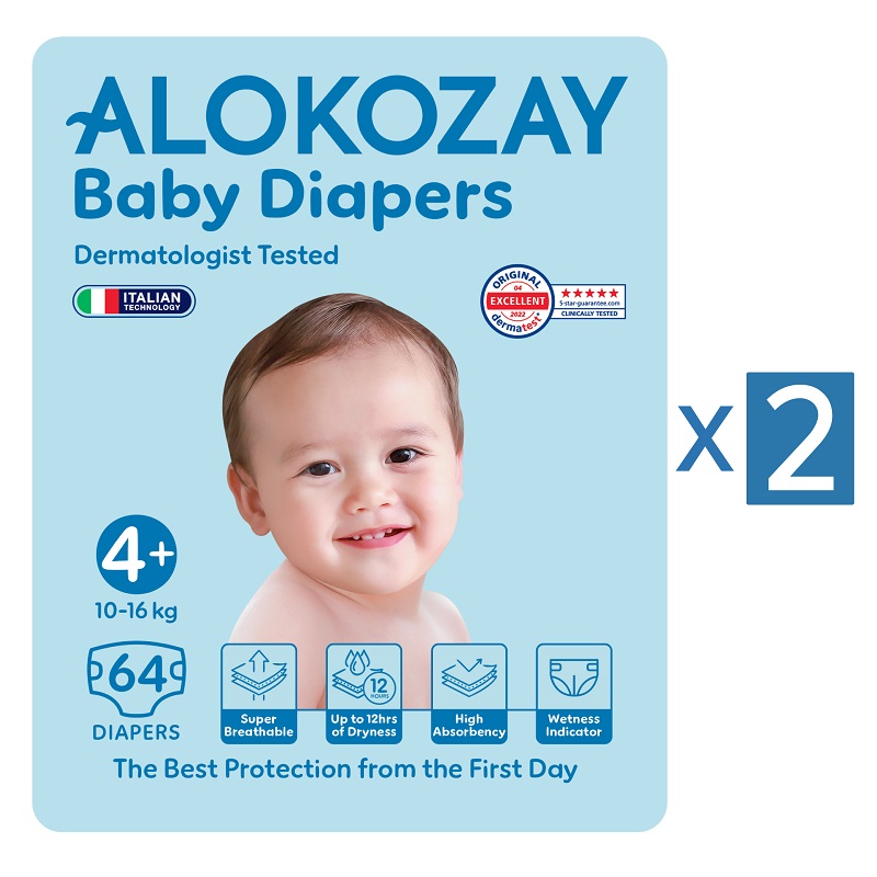 Alokozay - Premium Baby Diapers 10-16kg - Size 4+ Pack of 2 - 128 Diapers