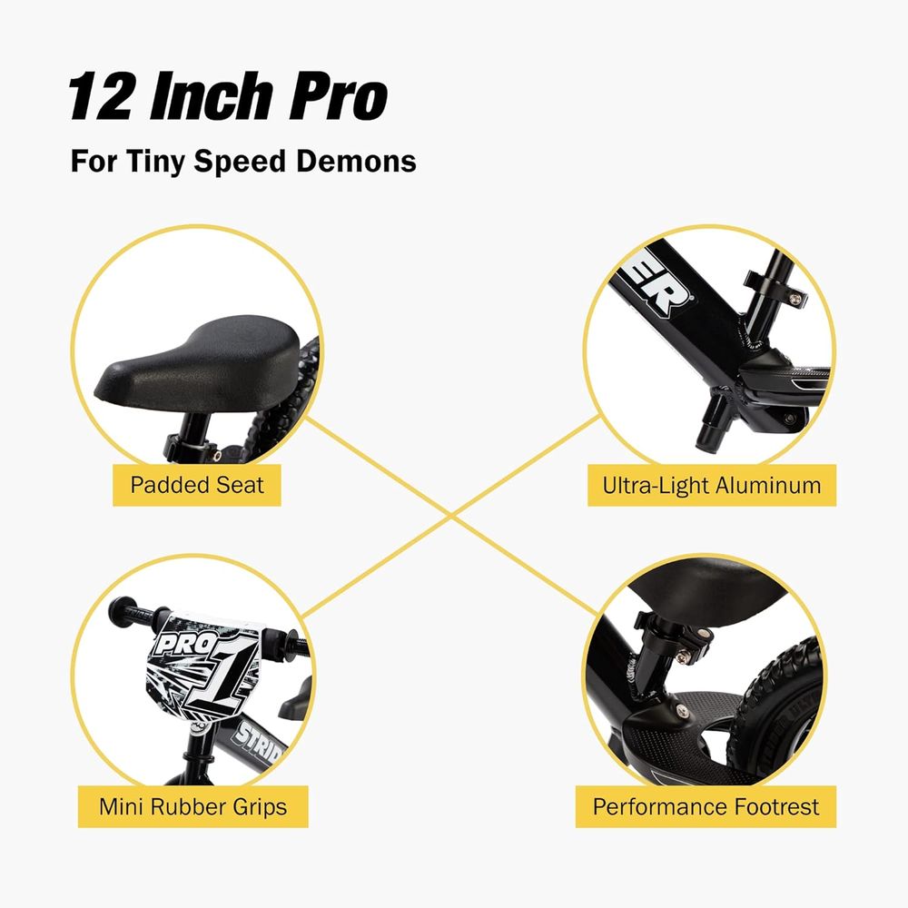 سترايدر - دراجة توازن برو 12 بوصة - فائقة الخفة للسباق السريع للأطفال - أسود