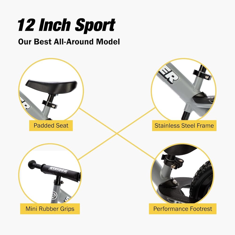 Strider 12” Sport Bike - No Pedal Balance Bicycle  - Grey