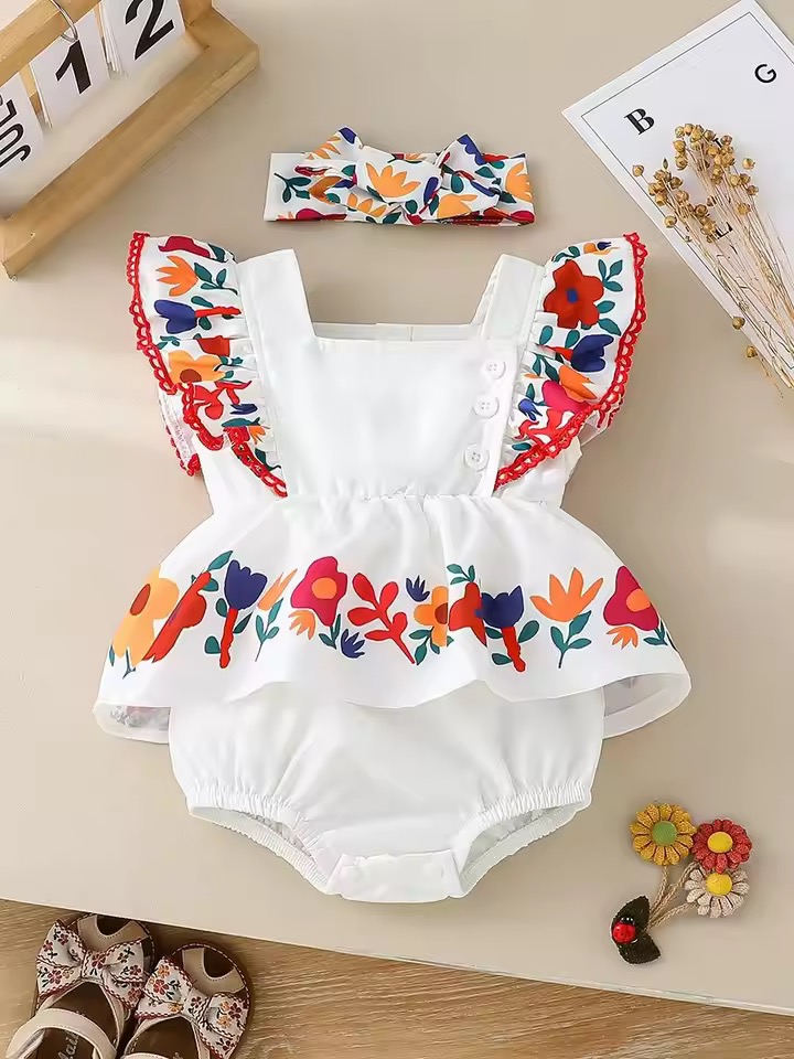 Matching Family Outfits - 2pc-Set - Baby Girl's Floral Romper & Headband - White