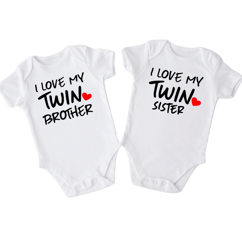 Matching Family Outfits - 2pc-Set - I Love My Twin Sister & Brother Printed Romper - White