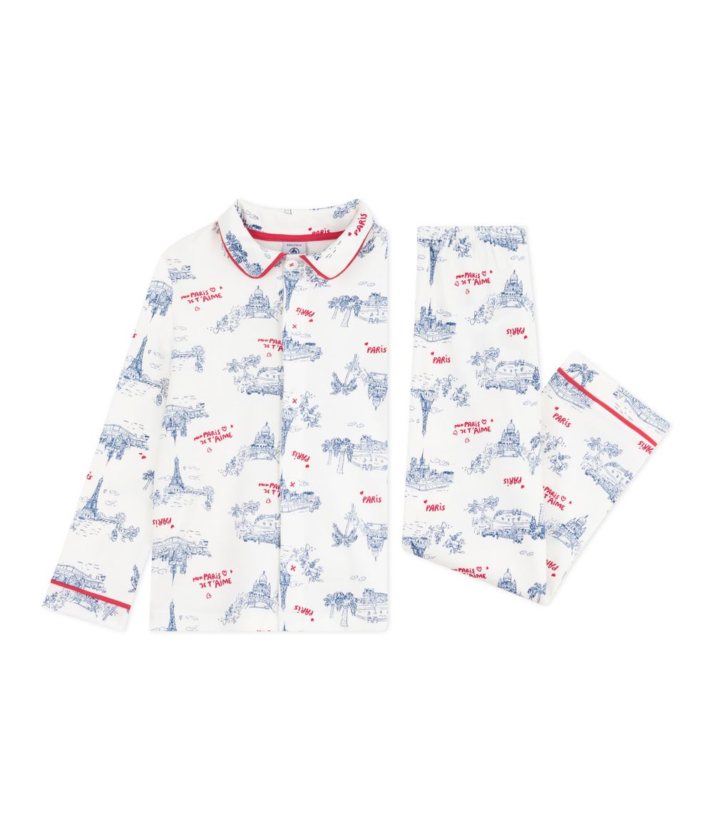 Petit Bateau - 2pc-Set - Boy's Paris Printed Pyjama Top And Pants - Marshmallow White/Blue