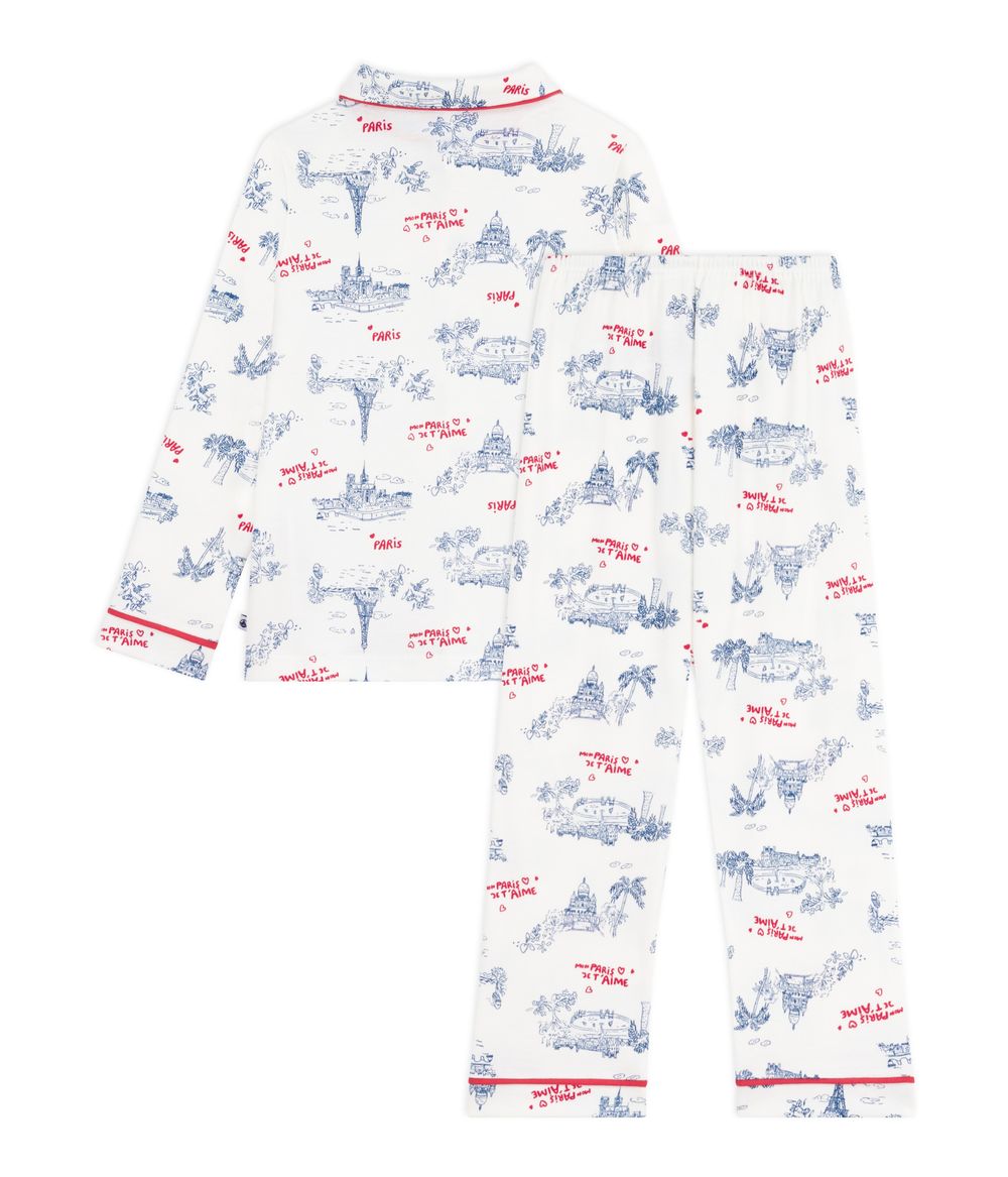 Petit Bateau - 2pc-Set - Boy's Paris Printed Pyjama Top And Pants - Marshmallow White/Blue