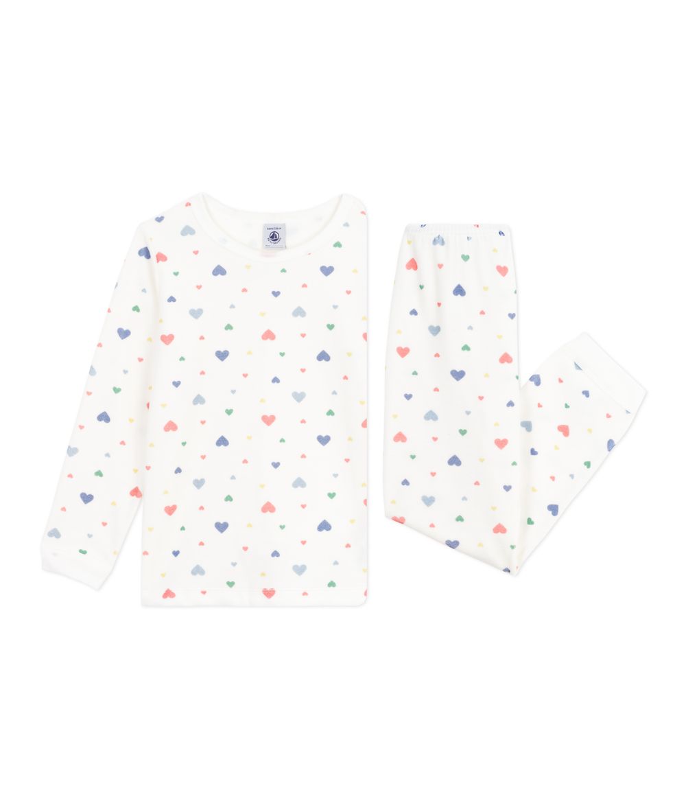 بيتي باتو - طقم بيجاما مخملية مطبوعة بقلوب للأطفال - أبيض مارشميلو/متعدد الألوان - قطعتين