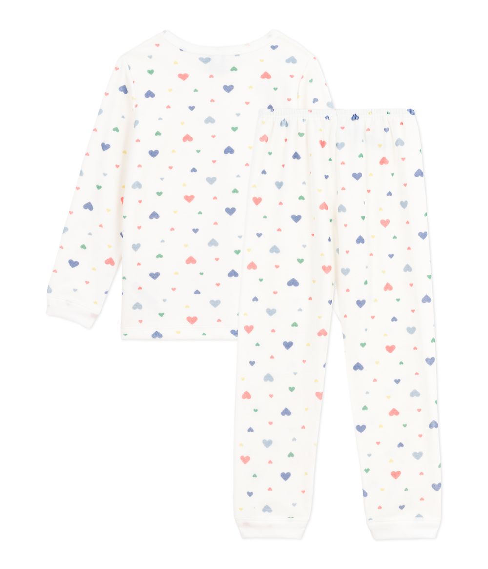 بيتي باتو - طقم بيجاما مخملية مطبوعة بقلوب للأطفال - أبيض مارشميلو/متعدد الألوان - قطعتين