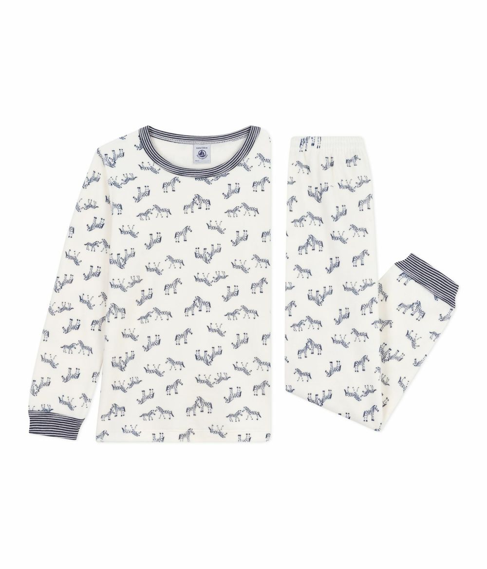 Petit Bateau - 2pc-Set - Boy's Zebra Printed Velour Pyjama Top & Pants - Milk/Soir