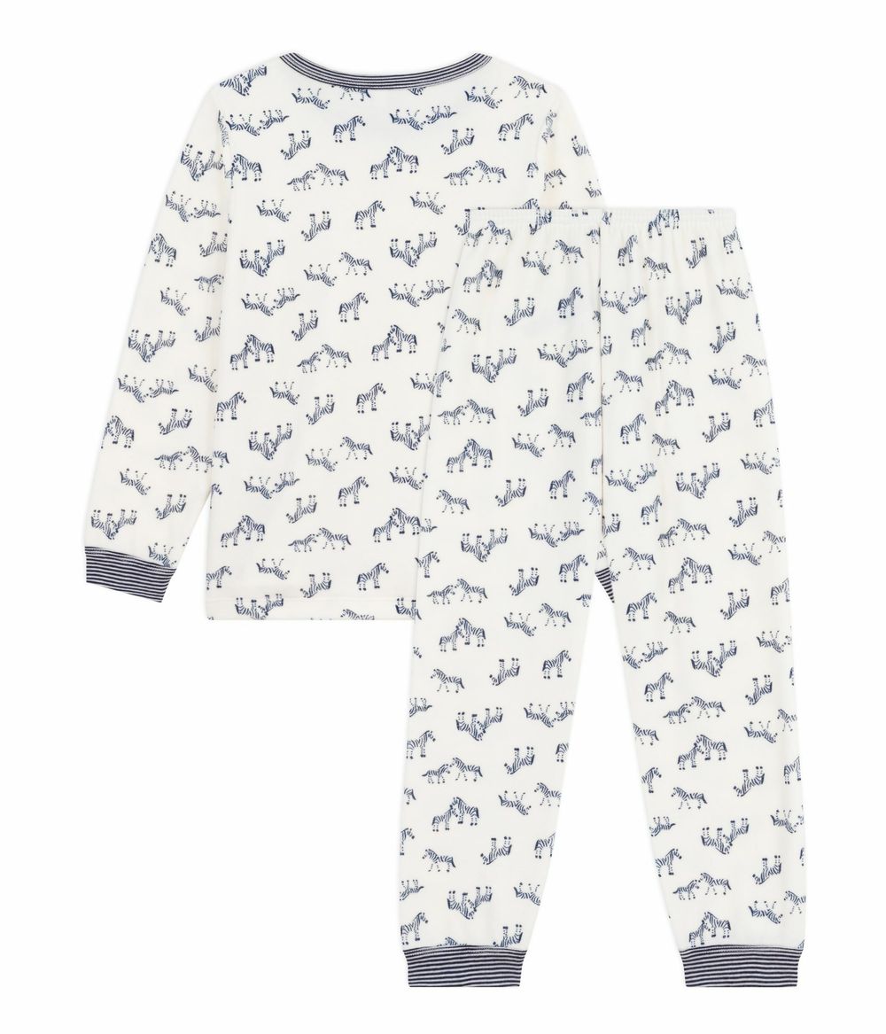 Petit Bateau - 2pc-Set - Boy's Zebra Printed Velour Pyjama Top & Pants - Milk/Soir