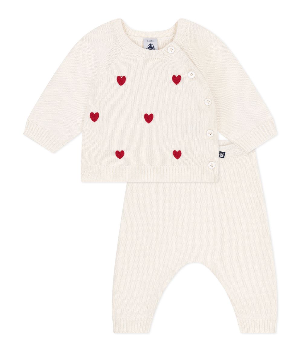 Petit Bateau - 2pc-Set - Baby's Hearts Embroidered Cardigan & Trousers - Marshmallow White/Pompei Red