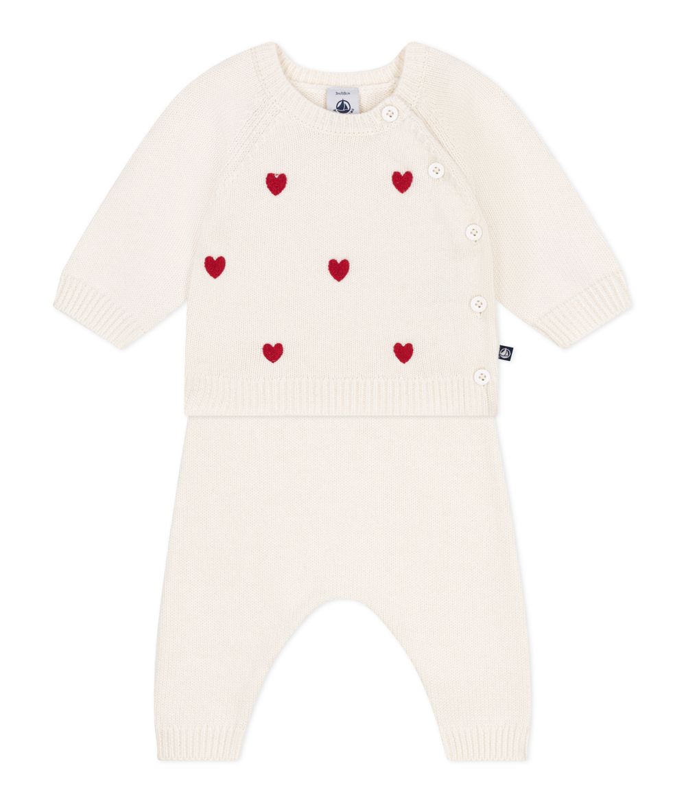 Petit Bateau - 2pc-Set - Baby's Hearts Embroidered Cardigan & Trousers - Marshmallow White/Pompei Red