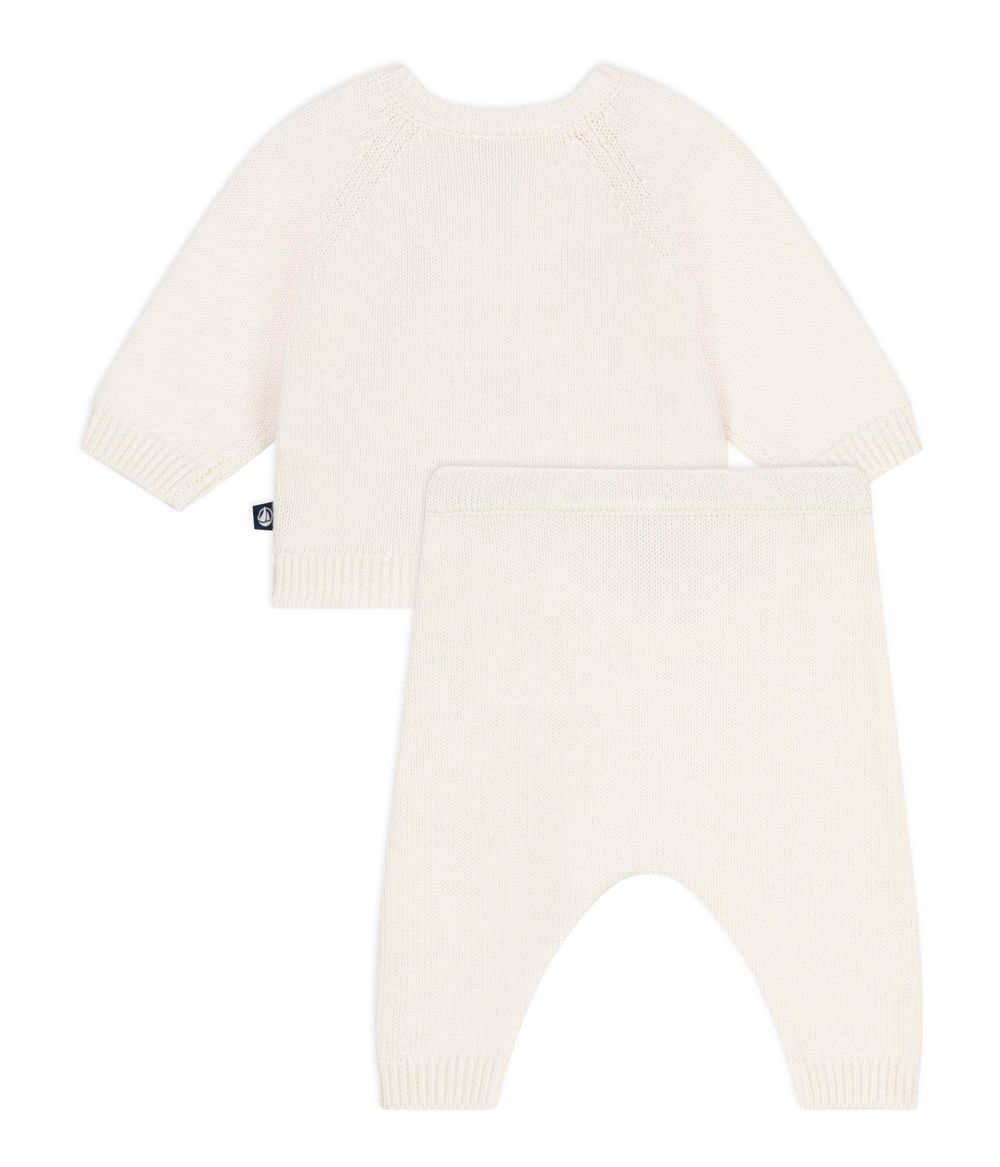 Petit Bateau - 2pc-Set - Baby's Hearts Embroidered Cardigan & Trousers - Marshmallow White/Pompei Red