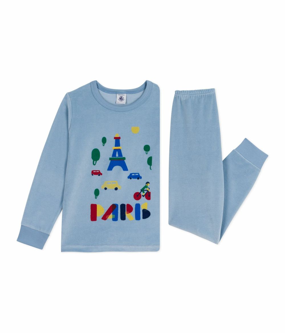 Petit Bateau - 2pc-Set - Boys' Velour Pyjama T-Shirt & Pants - Adriatic