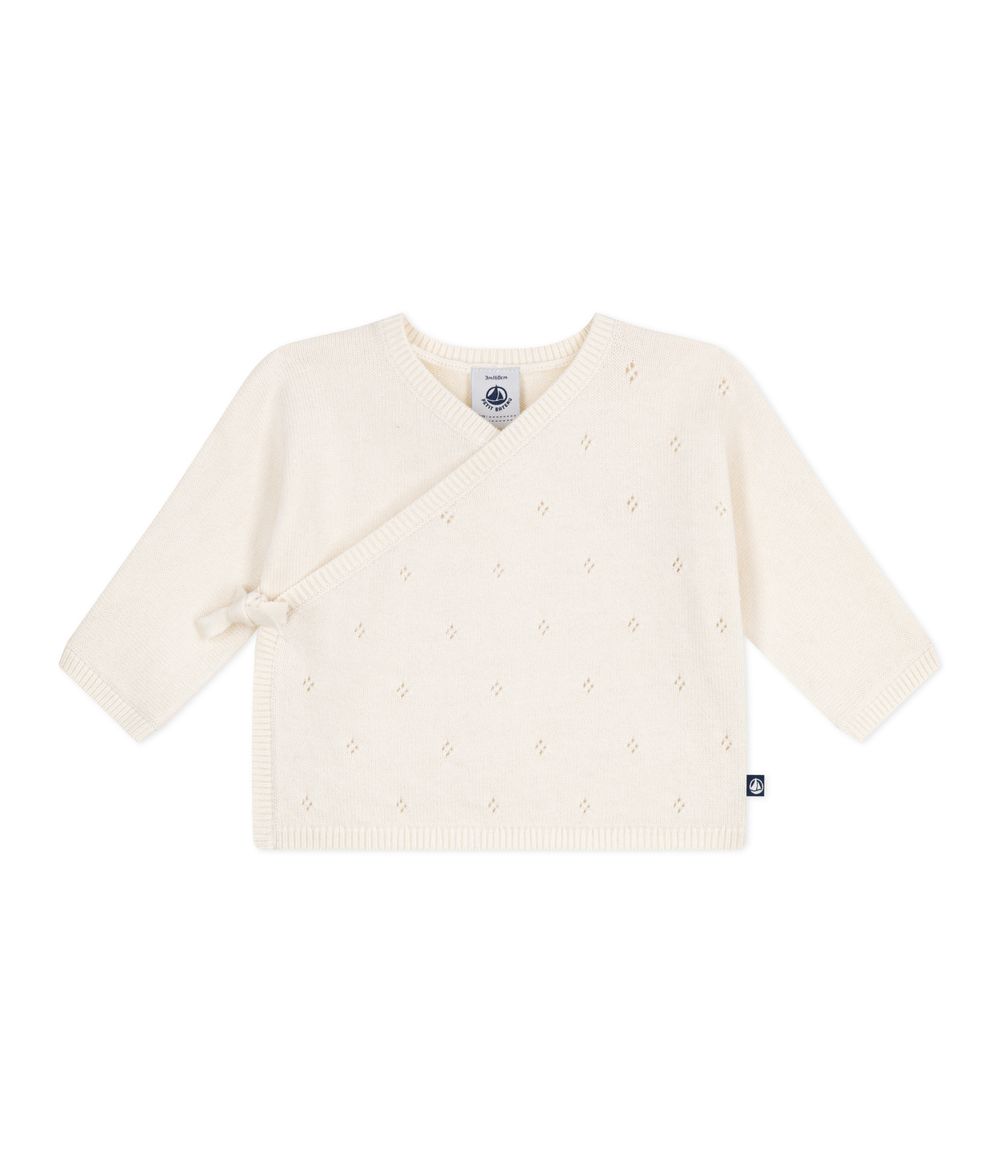 بيتي باتو - بلوزة محبوك مفتوح الغرز من الصوف والقطن برباط جانبي للرضع - أبيض مارشميلو