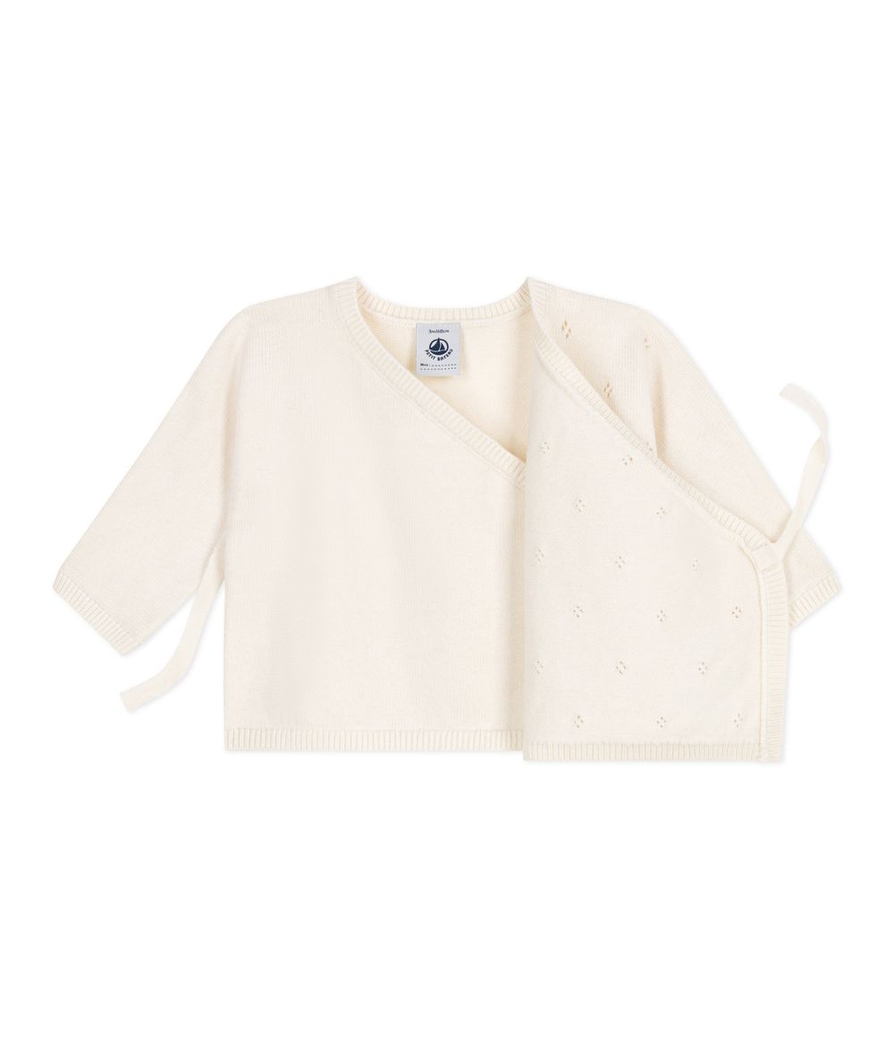 بيتي باتو - بلوزة محبوك مفتوح الغرز من الصوف والقطن برباط جانبي للرضع - أبيض مارشميلو