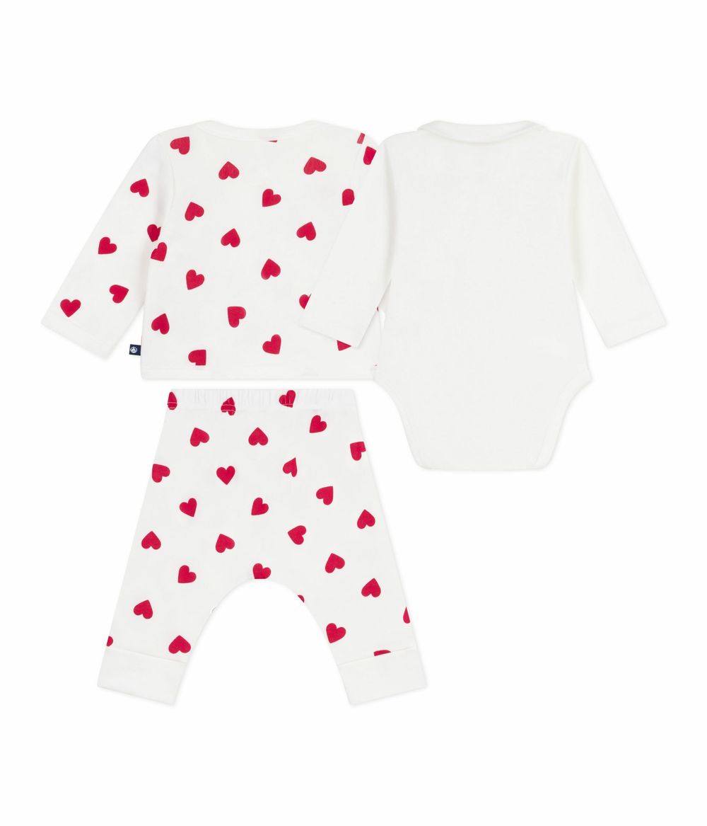 Petit Bateau - 3pc-Set - Babies' Heart Printed Wrapover Top With Trouser - Marshmallow Terkuit White/Red