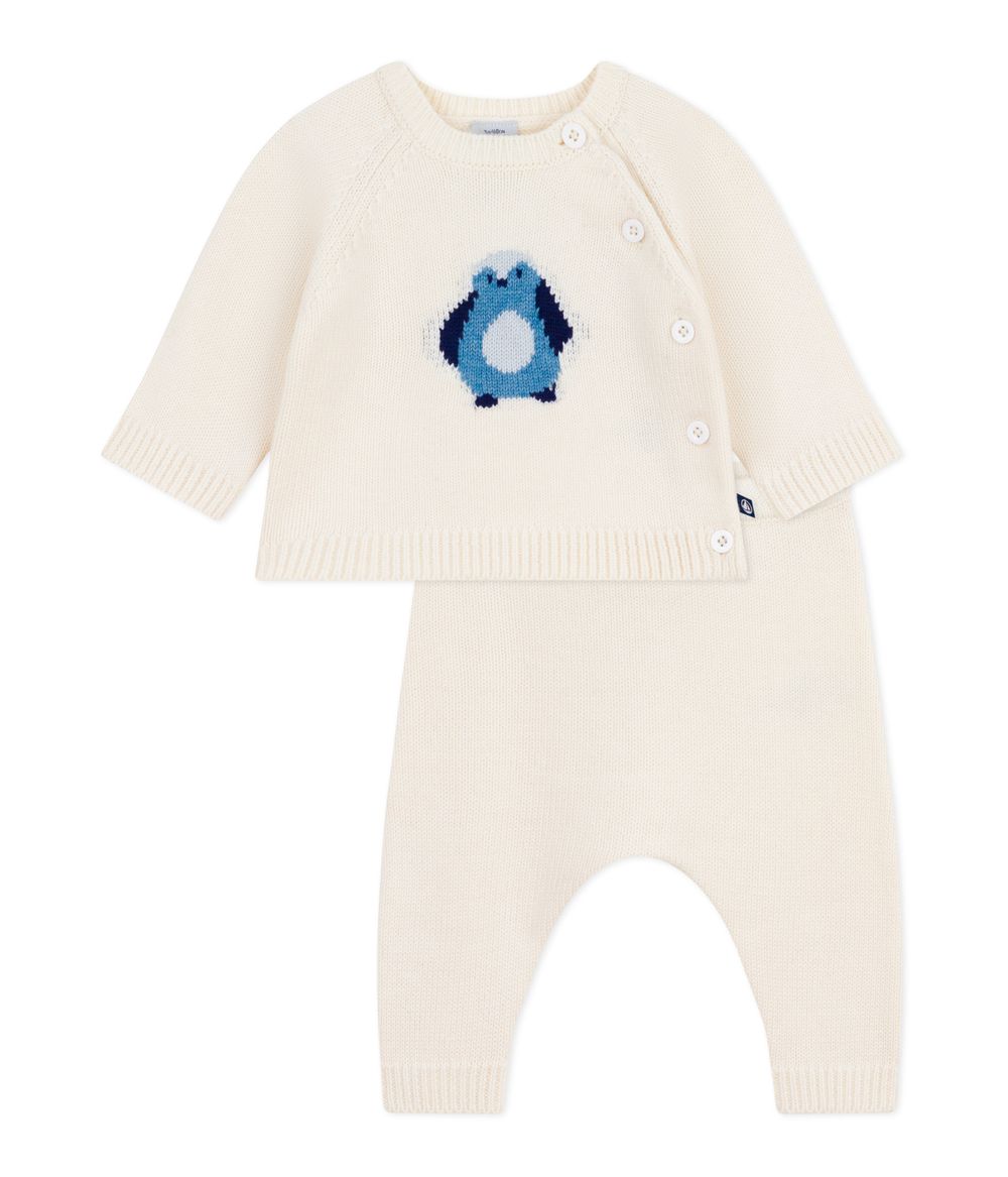 بيتي باتو - طقم قطعتين - طقم محبوك مطبوع ببطاريق للرضع - أبيض مارشميلو/ألوان متعددة - قطعتين