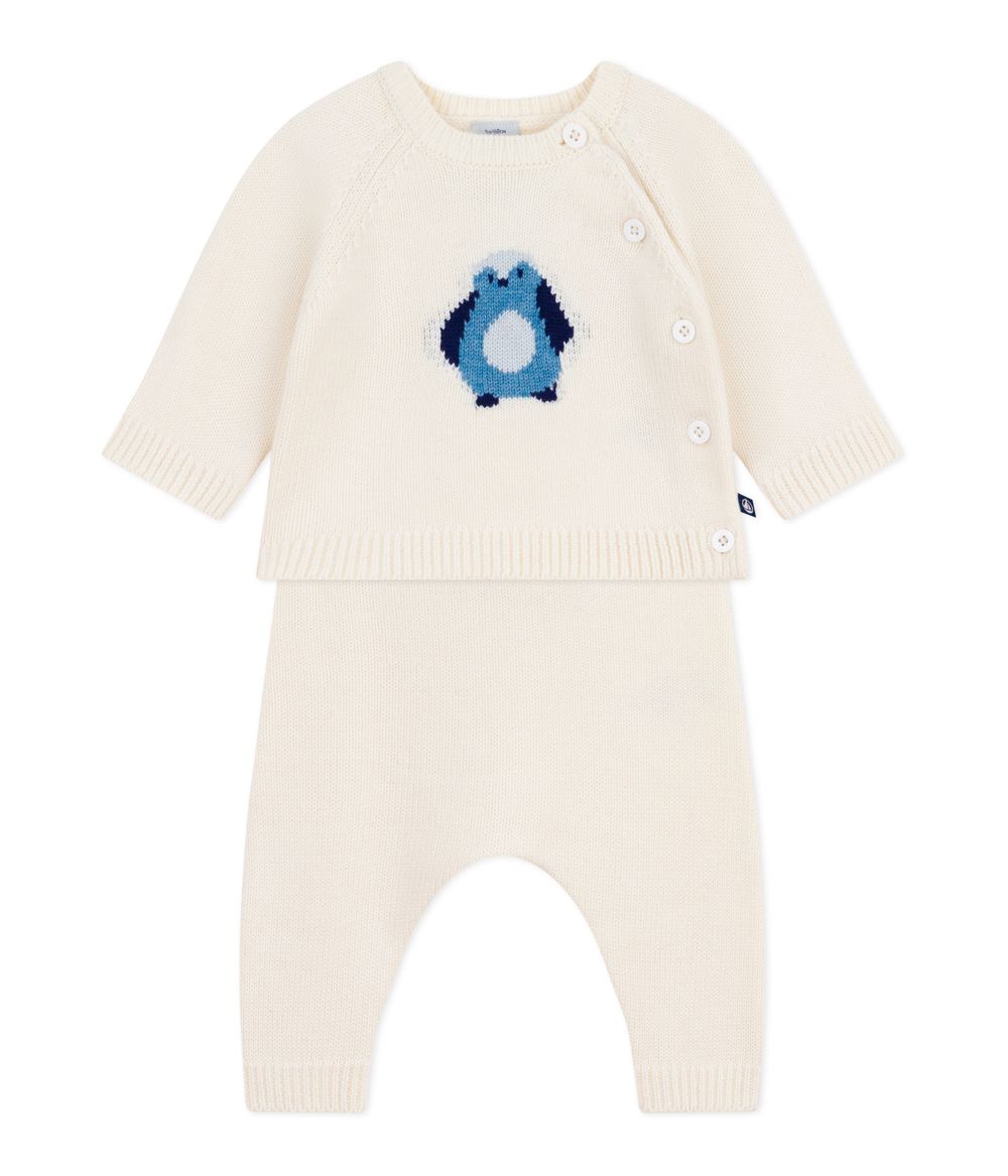 بيتي باتو - طقم قطعتين - طقم محبوك مطبوع ببطاريق للرضع - أبيض مارشميلو/ألوان متعددة - قطعتين