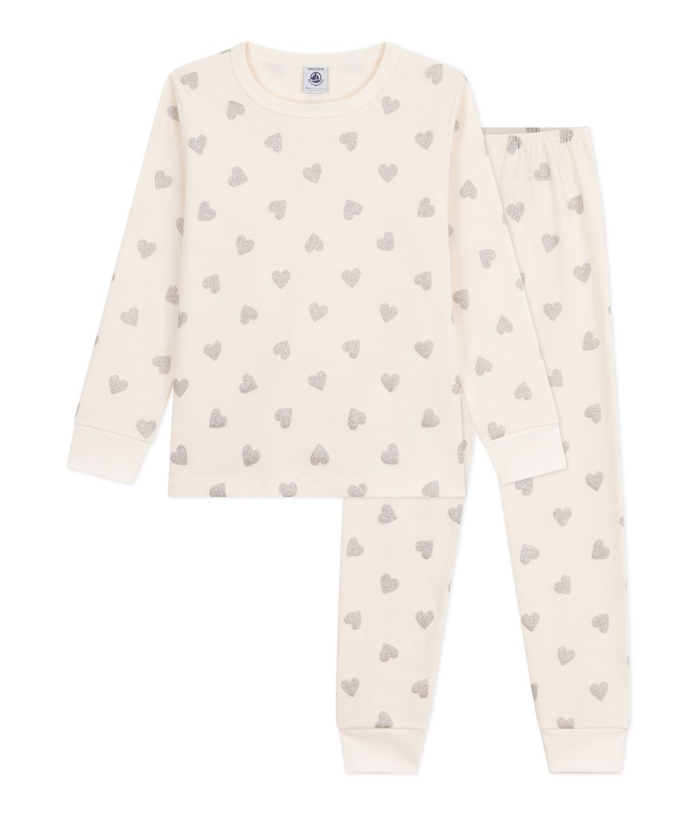 Petit Bateau - 2pc-Set - Girl's Silvery Heart Printed Cotton Pyjamas - Argent White/Blue