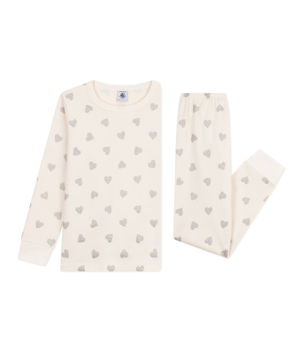 Petit Bateau - 2pc-Set - Girl's Silvery Heart Printed Cotton Pyjamas - Argent White/Blue