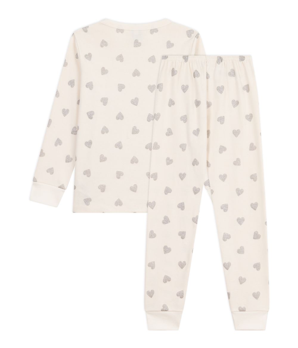 Petit Bateau - 2pc-Set - Girl's Silvery Heart Printed Cotton Pyjamas - Argent White/Blue