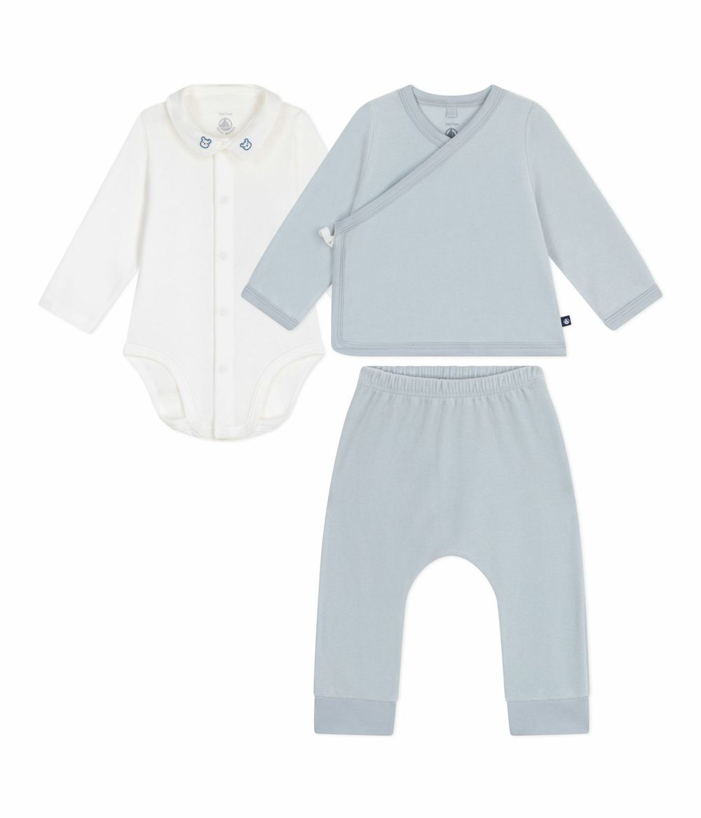 Petit Bateau - 3pc-Set - Baby Boy's Embroidered Romper, Wrapover Top & Trousers - CO2 Blue