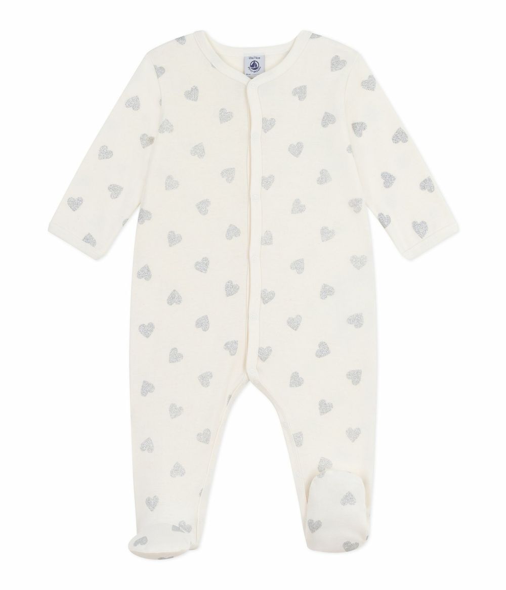 بيتي باتو - ملابس نوم مطبوعة بقلوب للبنات الرضع - أبيض حليبي/أزرق أرجنت