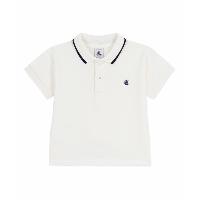 تيشيرت بولو قطني سادة بأكمام قصيرة للأولاد من بيتيت باتو - أبيض