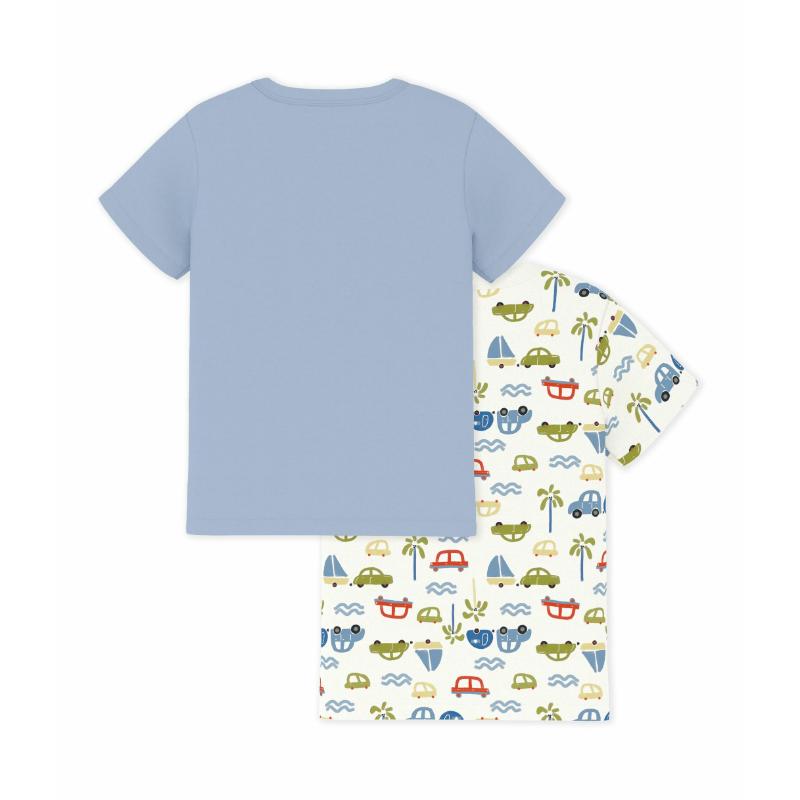 طقم تيشيرتات قطنية للأطفال بأكمام قصيرة مطبوع عليها رسومات سيارات - أبيض/أزرق - قطعتان - بيتي باتو