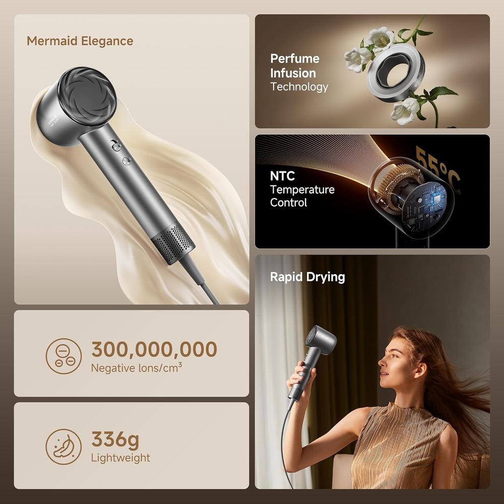 دريم - مجفف شعر جلوري ميكس عالي السرعة - محرك بدون فرشاة 110,000 دورة في الدقيقة - 336 غرام - أسود