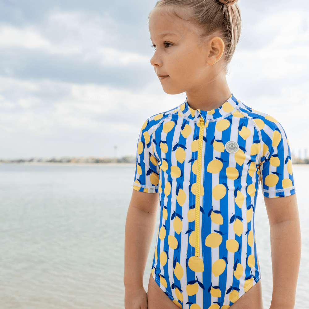 Badawii Beachwear - Girl's Short Sleeves Swimsuit - Limoncello Stripes