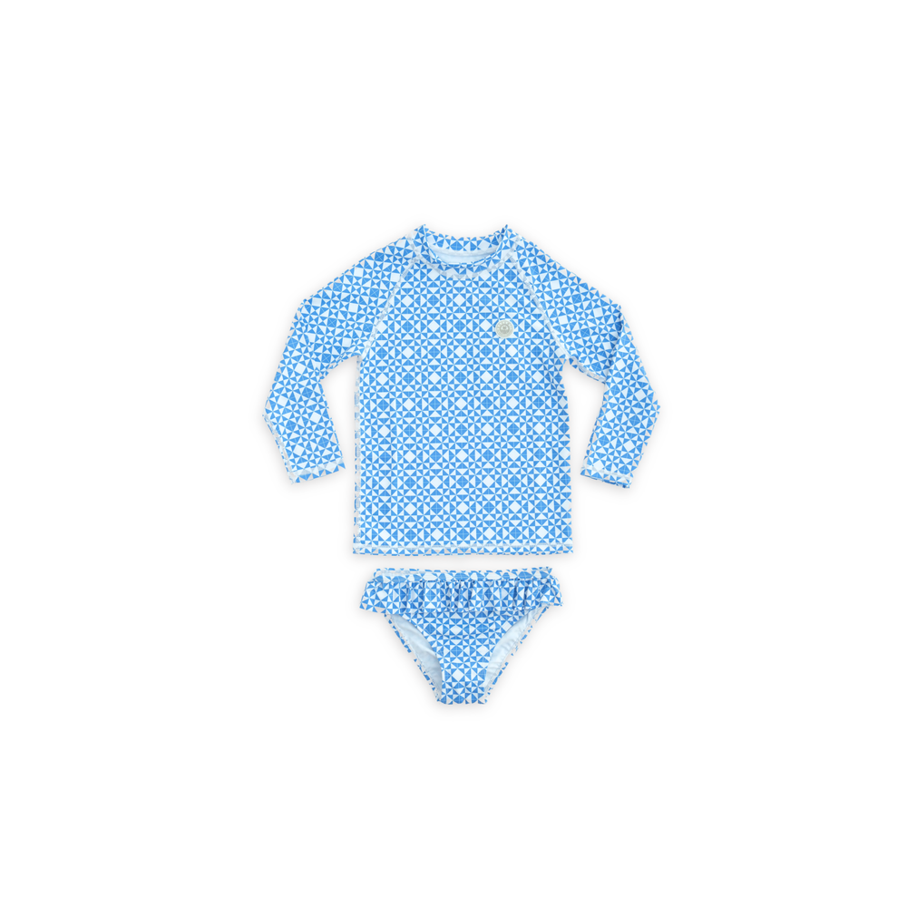 Badawii Beachwear - 2pc-Set - Girl's Swim Top & Ruffle Bottoms - Mediterranean Tiles