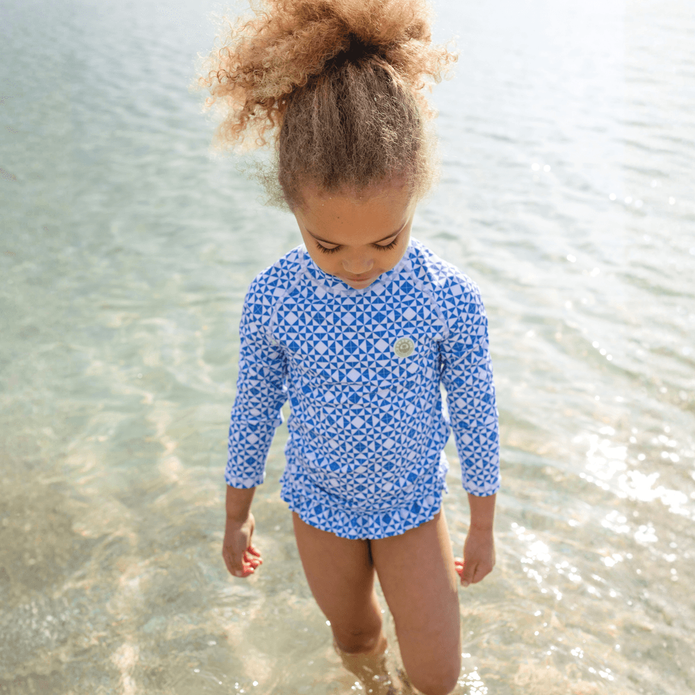 Badawii Beachwear - 2pc-Set - Girl's Swim Top & Ruffle Bottoms - Mediterranean Tiles