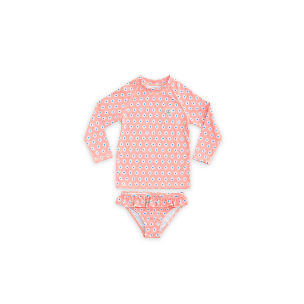 Badawii Beachwear - 2pc-Set - Girl's Swim Top & Ruffle Bottoms - Peach Mosaic