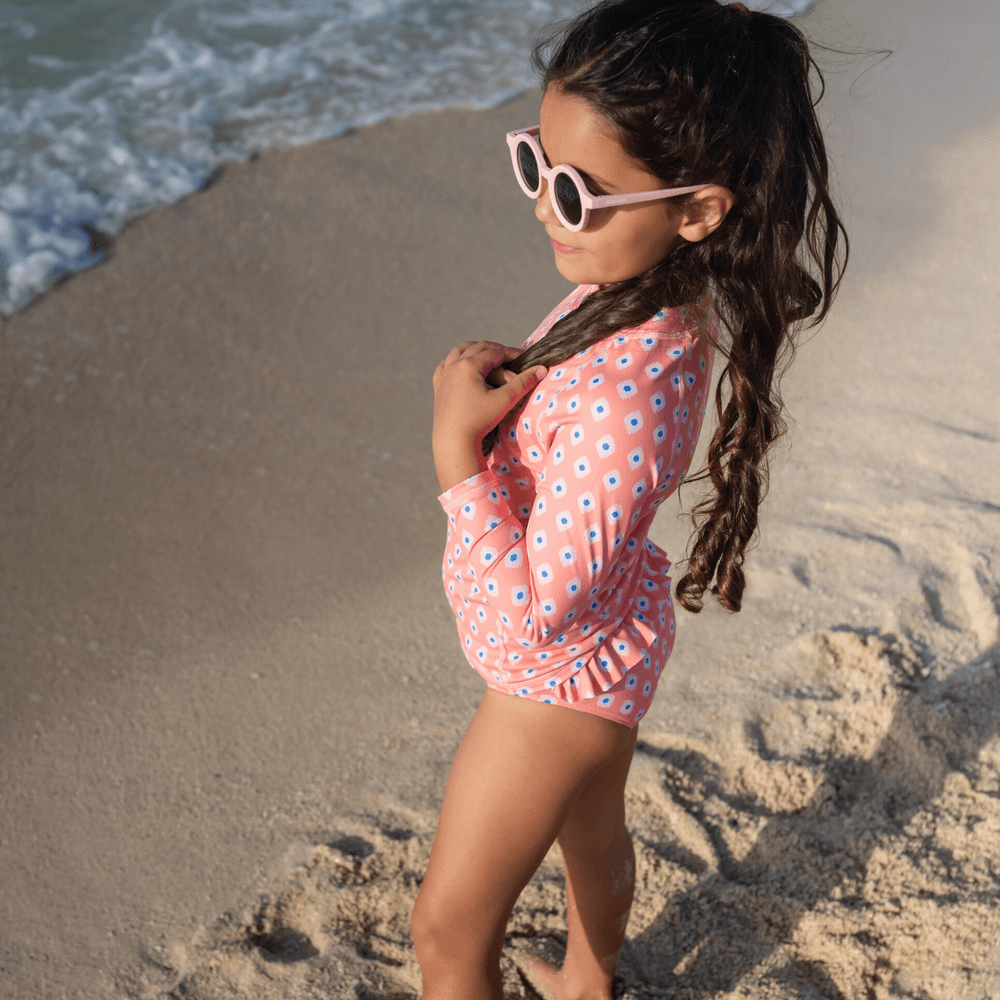 Badawii Beachwear - 2pc-Set - Girl's Swim Top & Ruffle Bottoms - Peach Mosaic