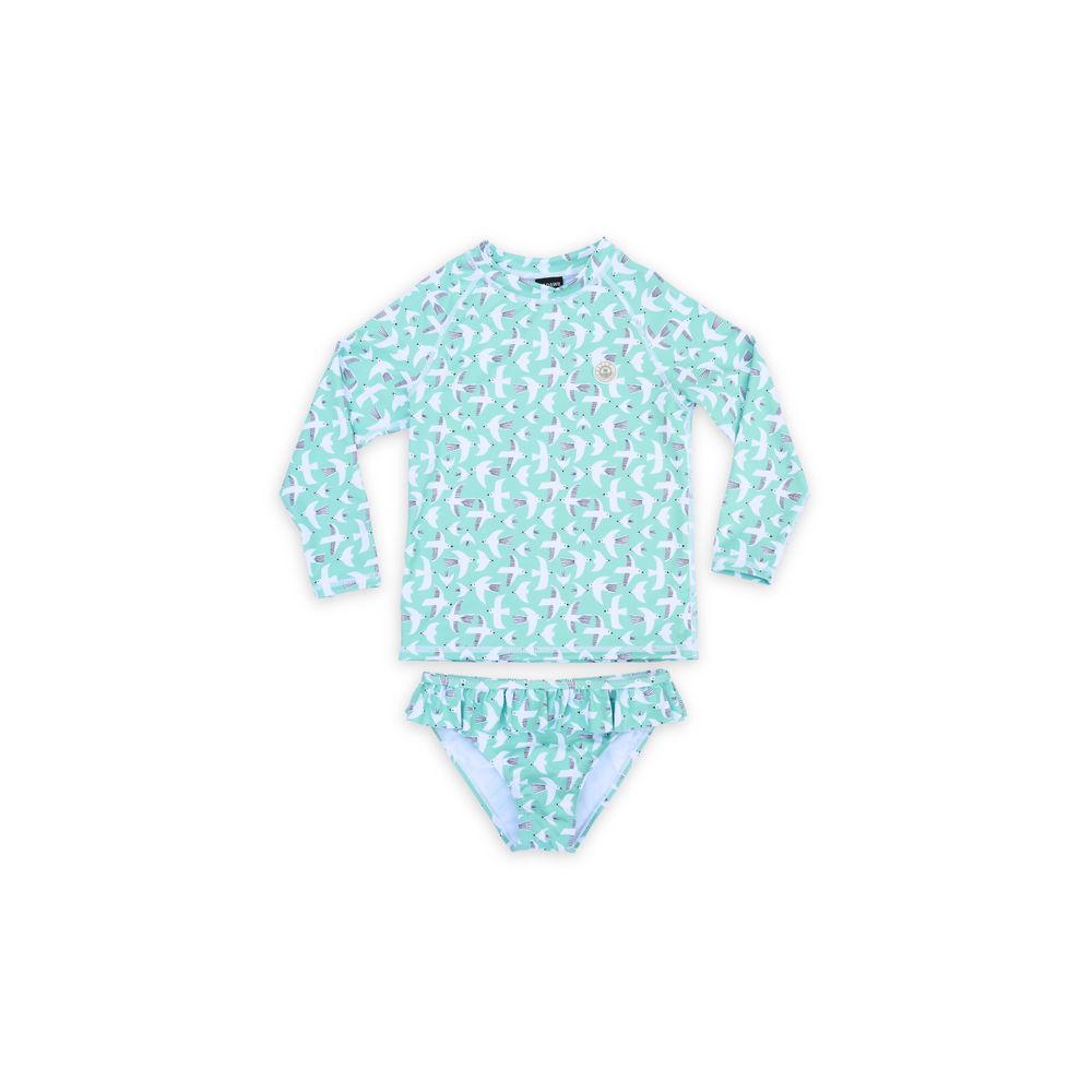 Badawii Beachwear - 2pc-Set - Girl's Swim Top & Ruffle Bottoms - Seagul Breeze