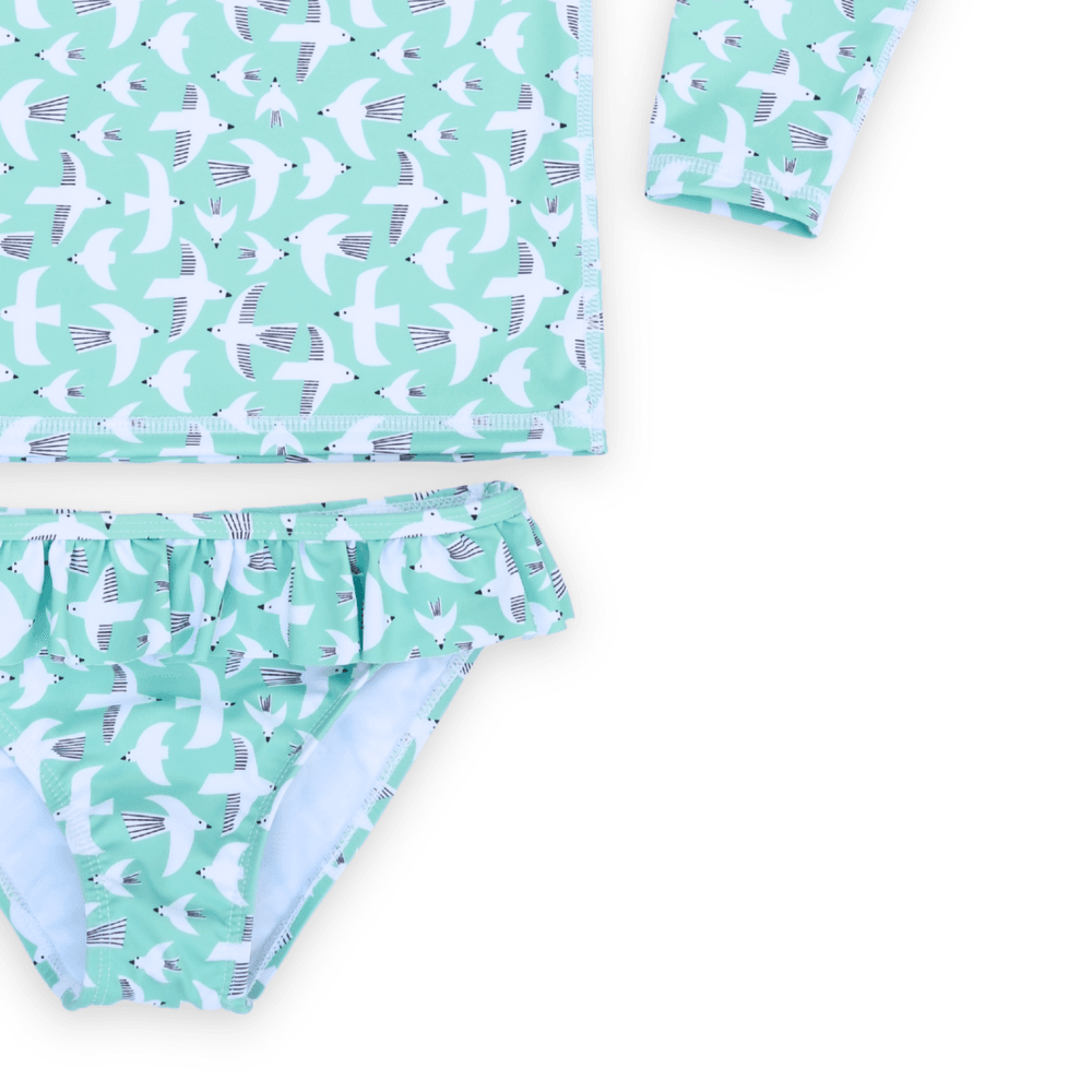 Badawii Beachwear - 2pc-Set - Girl's Swim Top & Ruffle Bottoms - Seagul Breeze