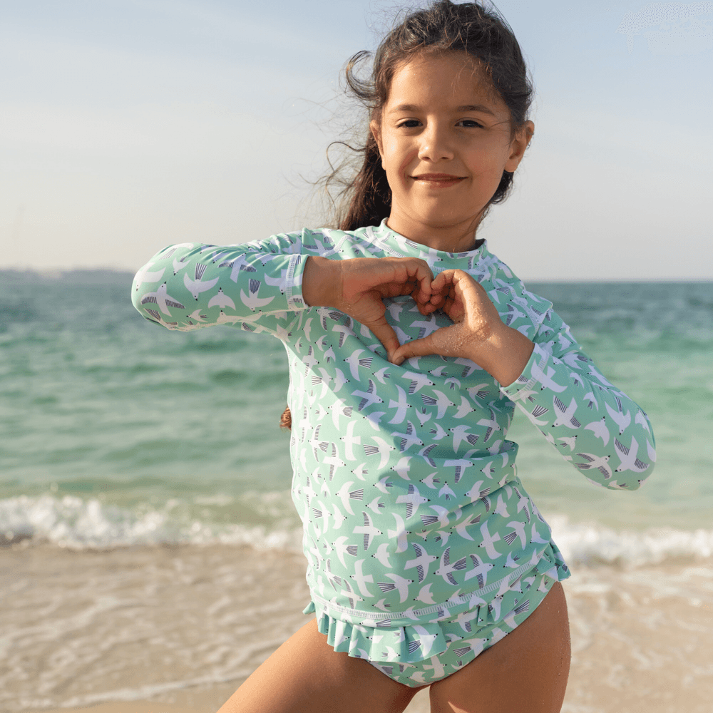 Badawii Beachwear - 2pc-Set - Girl's Swim Top & Ruffle Bottoms - Seagul Breeze